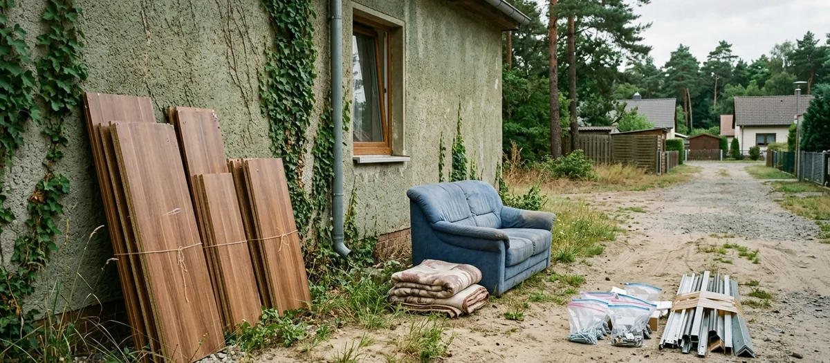 Zerlegte Schrankplatten, ein abgetragenes Sofa und beschriftete Tüten mit Beschlägen stehen nach Material sortiert an einer Hauswand