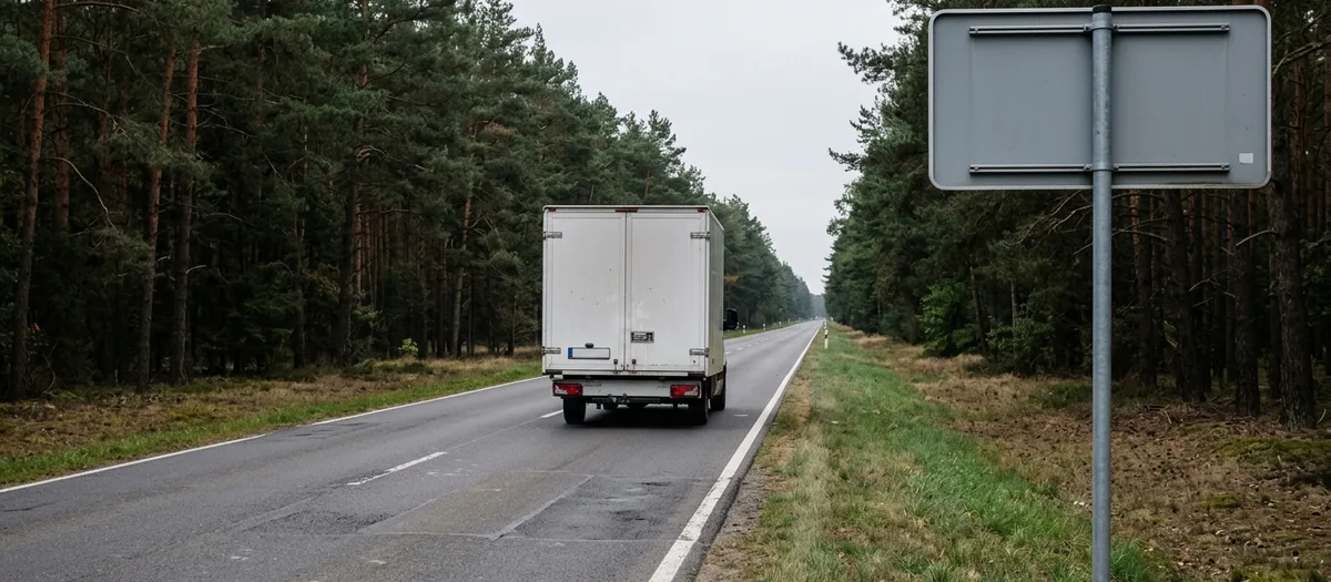 Möbelwagen auf einer Landesstraße zwischen Kiefernwald, am Rand ein Wegweiser zu einem Ortsteil, die Ladeklappe ist geschlossen