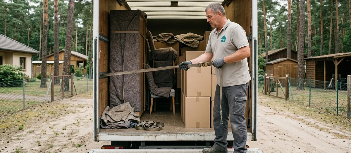 Beladener Möbelwagen mit gesicherter Ladung auf einem Grundstück am Ortsrand