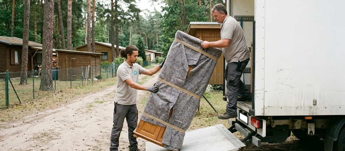 Ein in Decken eingeschlagener Holzschrank wird über die Ladebordwand eines Möbelwagens auf eine Grundstückszufahrt gestellt