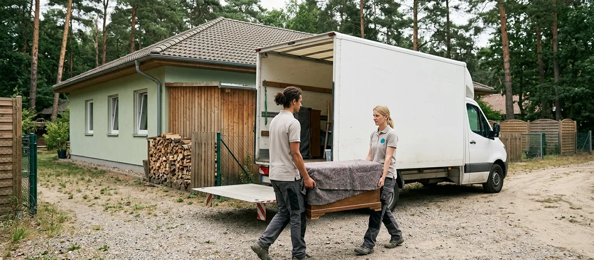 Zwei Umzugskräfte tragen ein in Decken verpacktes Möbelstück über einen Hof zum wartenden Wagen