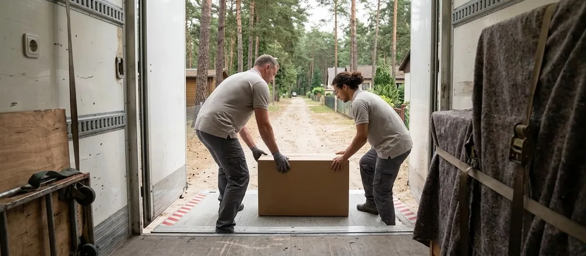 Zwei Umzugskräfte schieben eine beschriftete Kiste über eine Ladebordwand in einen Möbelwagen, aufgenommen von der offenen Heckseite aus