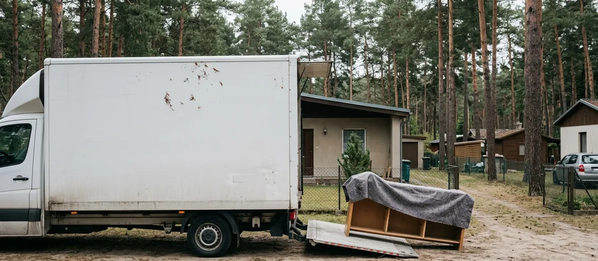Möbelwagen mit heruntergelassener Ladebordwand vor einem Vorgarten, davor eine Umzugsdecke über einem Schrankelement, Ansicht von der Fahrerseite ohne Fahrzeugfront