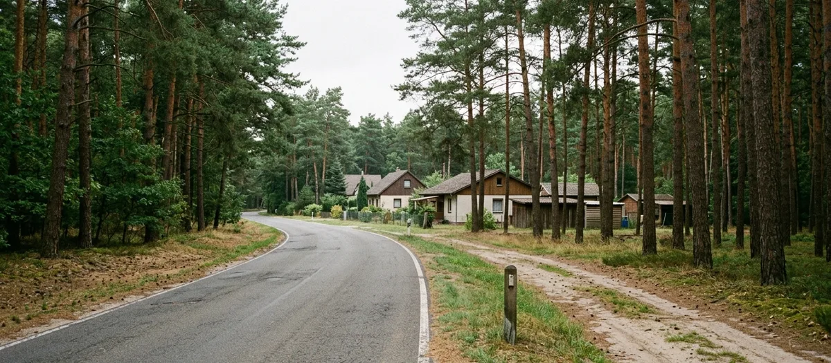 Landesstraße durch Kiefernwald mit Abzweig zu einem Ortsteil im Landkreis Oder-Spree