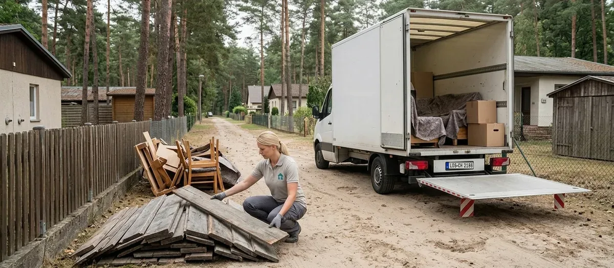 Geöffneter Transporter mit halb beladener Ladefläche vor einem Grundstück, daneben getrennt gestapeltes Altholz und Sperrgut