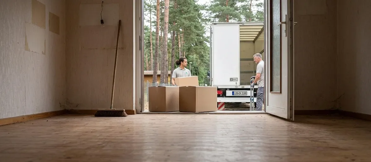 Leergeräumtes Wohnzimmer mit gekehrtem Dielenboden, an der Wand lehnt ein Besen, im Türrahmen stehen zwei beschriftete Kisten