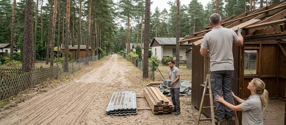 Geleertes Wochenendgrundstück zwischen Kiefern, daneben ein teilweise zerlegter Holzschuppen mit getrennt gestapelten Brettern und Blechen