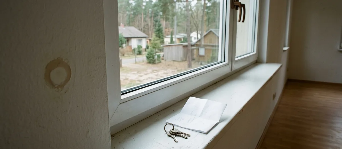 Leeres Zimmer mit gefegtem Dielenboden, an der Wand ein verschlossenes Dübelloch, auf der Fensterbank liegen ein Schlüsselbund und ein ausgefülltes Protokoll